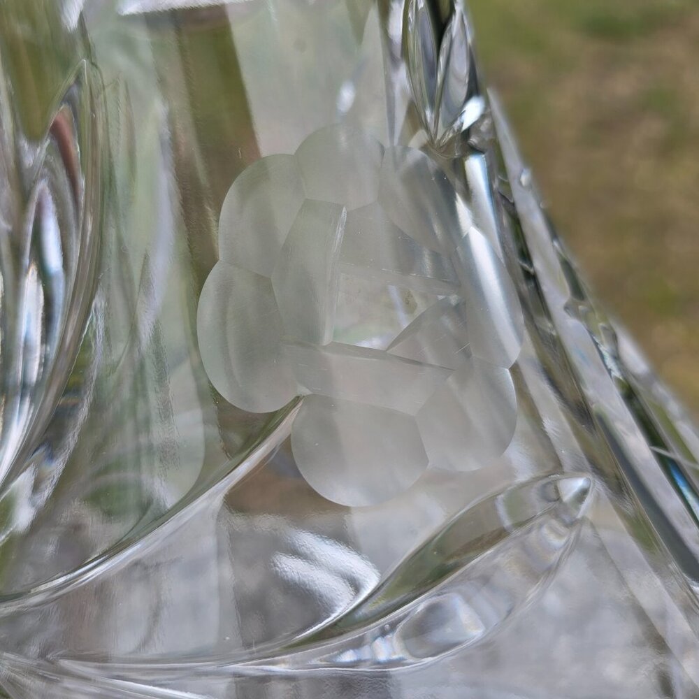 Etched Heavy Cut Crystal Pitcher Decanter Handle Floral Motif - Picture 12 of 14